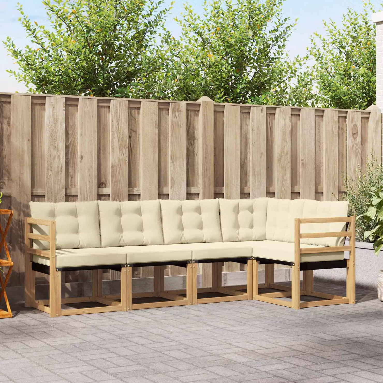 Set di divani da esterno vidaXL a forma di L in legno di acacia con cuscini, Bianco, Beige e Marrone