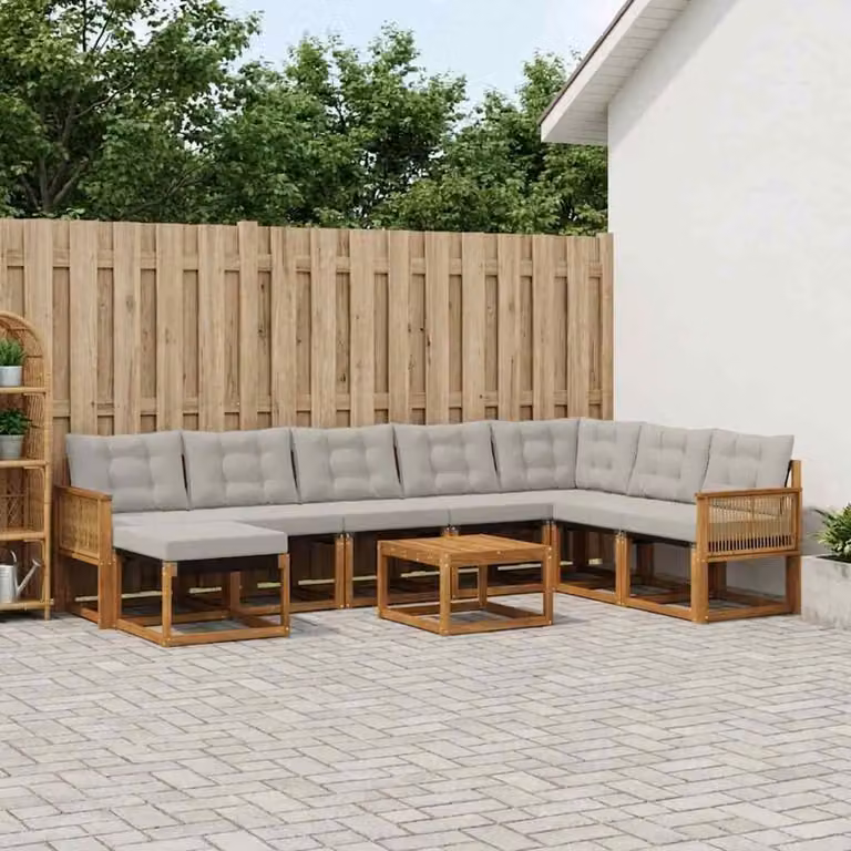 vidaXL Set di divani da esterno a forma di U composto da 9 pezzi in legno di acacia con cuscini in tessuto beige e grigio