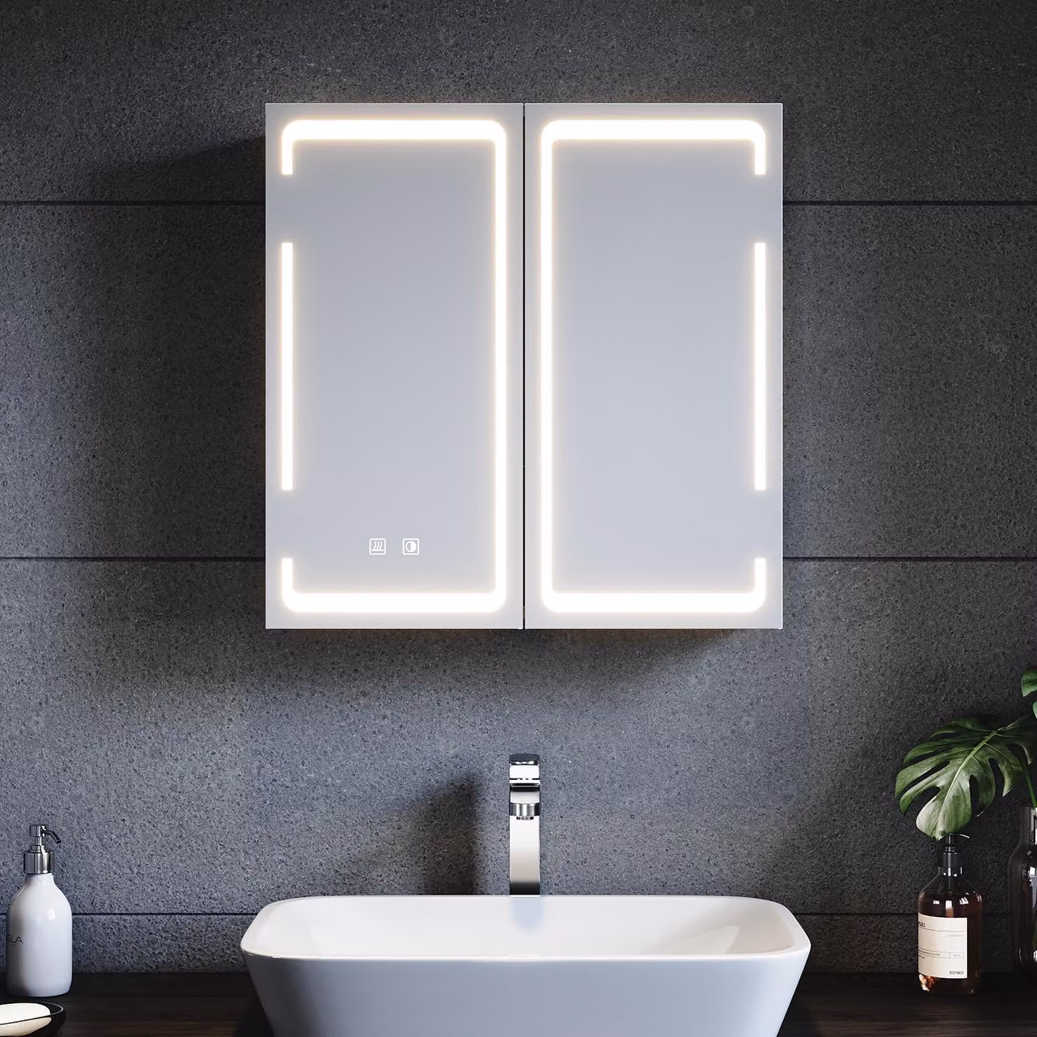 SONNI Armadio a specchio in metallo con illuminazione a LED 59x60x14 cm, interruttore dual-touch dimmerabile, 2 porte, struttura con cerniere senza fili Armadio a muro, Armadio da bagno, Presa per rasoio, Divisori regolabili