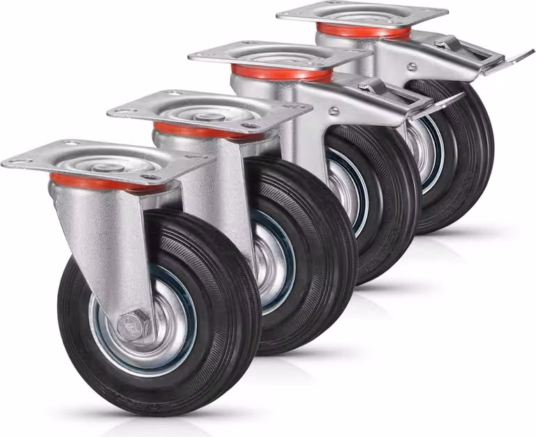 Set di ruote girevoli con freni - 4 pezzi - TPR e ferro - girevole a 360° - portata 150 kg - Carrelli manuali e carrelli da officina
