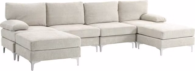 Divano Componibile a L con 4 Pezzi, Design Moderno in Tessuto Bianco e Beige, L/P/H: 313 x 149 x 88 cm
