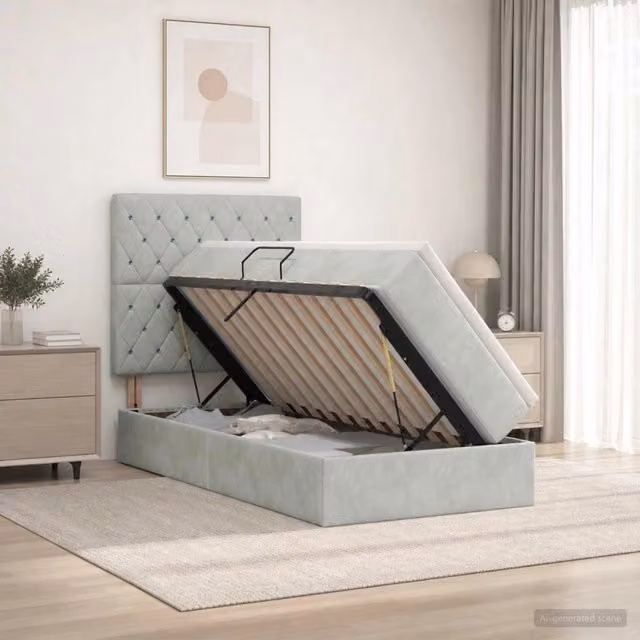 Letto con contenitore e materasso vidaXL in tessuto grigio, L/P/H: 90 x 200 x 128 cm