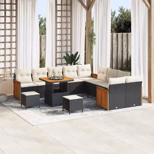 Set Divano da Giardino vidaXL a Forma di L con 17 Pezzi, Colore Nero e Beige, Comprensivo di Cuscini e Tavolino da Esterno