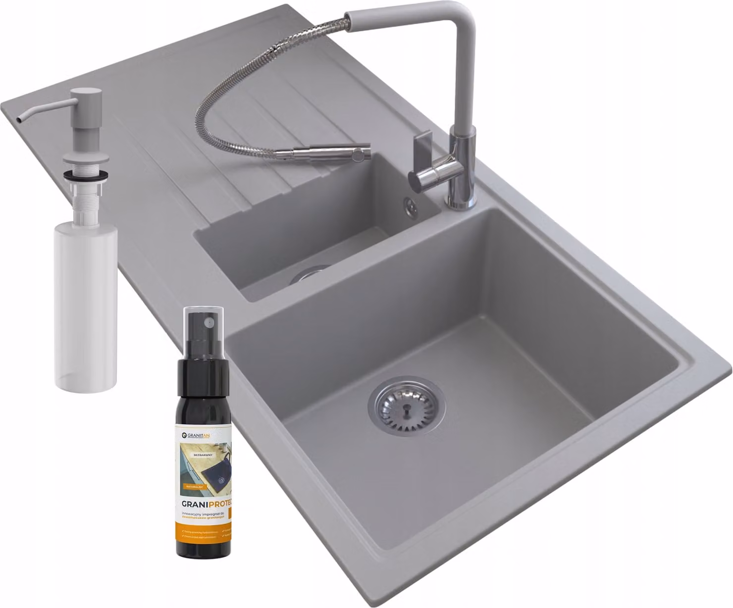 Granitan - Lavello in granito - Lavello da cucina - 1,5 vasche - 100x50 cm - Nero - con rubinetteria LINEA e sifone - SOLARIA