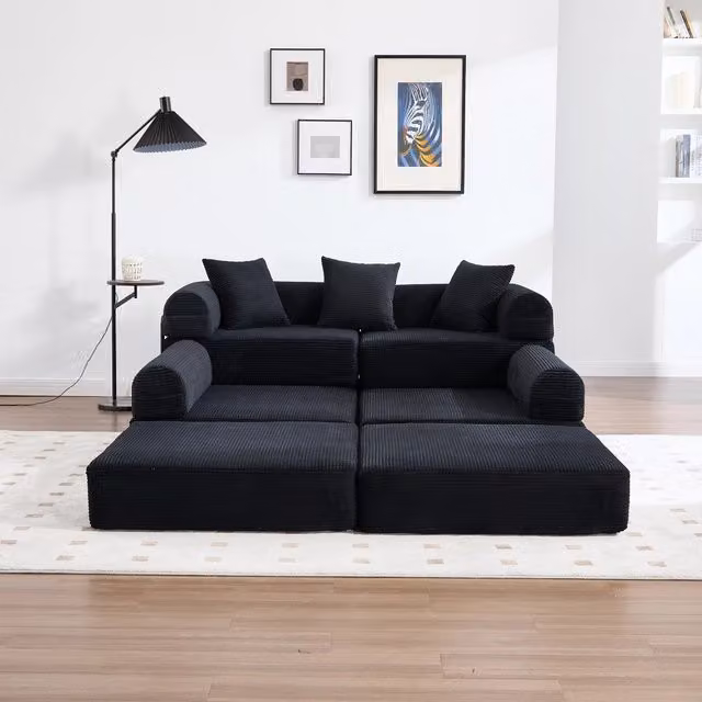 Divano modulare WISHDOR in velluto a coste nero con funzione letto e design moderno per soggiorno o home office L: 270 cm, P: 73.9 cm, H: 64 cm