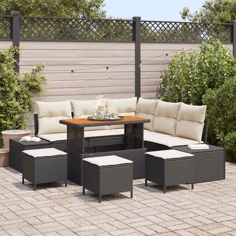 Set Divano da Giardino a L vidaXL 9 Pezzi con Cuscini e Tavolino Nero in Poly Rattan e Acciaio