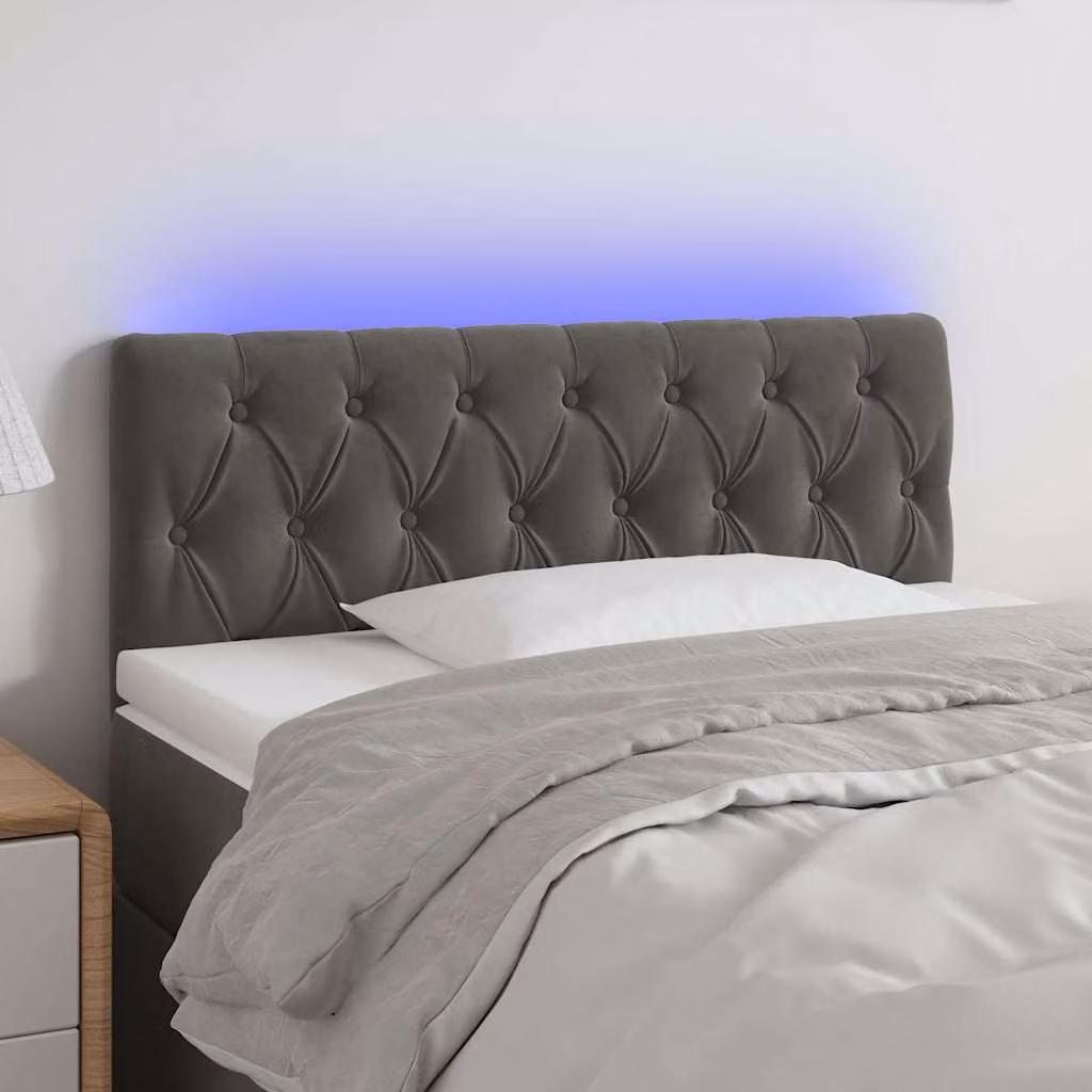Testiera per letto vidaXL in velluto grigio scuro con illuminazione LED e porta di ricarica USB, L: 90 cm, P: 7 cm, H: 78-88 cm