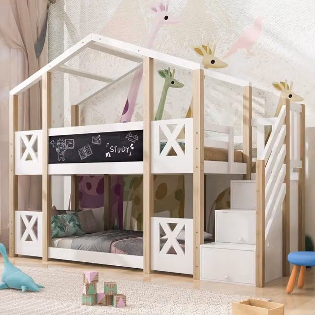 Letto a castello 256x96x205 cm con scala contenitore; tavola frontale; legno bianco e naturale