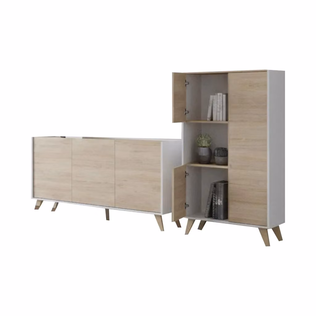 DMORA Mobile TV Modern in Legno Rovere Marrone e Bianco con Ante a Battente e Ripiani Interni – 2