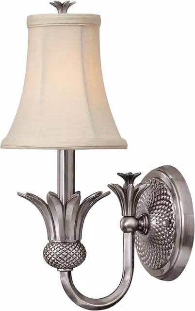 Applique da parete Hinkley in metallo e tessuto color argento e beige con paralume in vetro trasparente e attacco E14