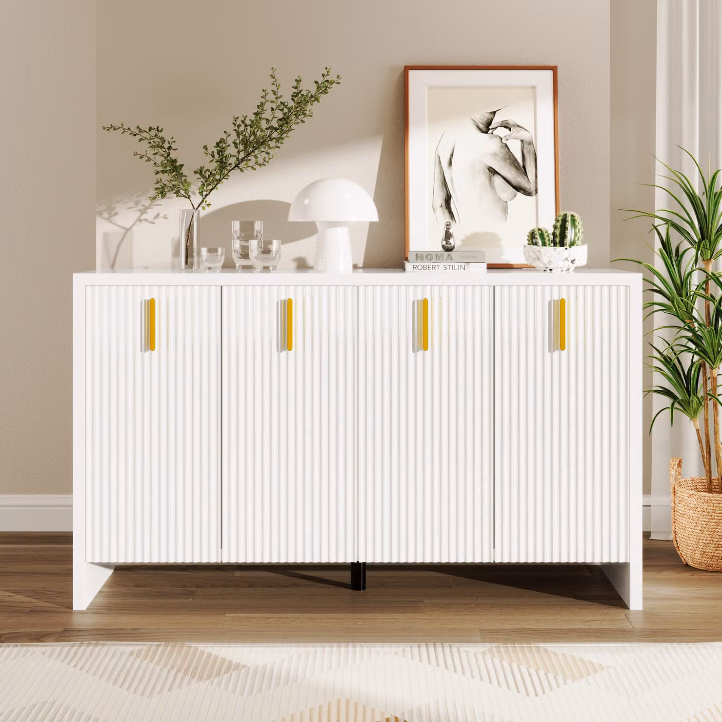 Cassettiera Merax con quattro ante e ripiani regolabili, credenza con maniglie in metallo, mobile da soggiorno buffet credenza, L:140cm, bianco