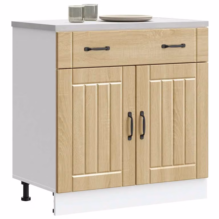 Base da cucina moderna vidaXL Lucca in legno multistrato e MDF, colore bianco e rovere, L: 81.5 cm, P: 46.0 cm, H: 80.0 cm