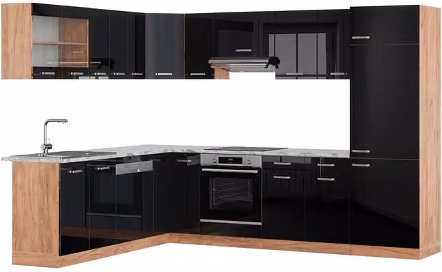 Cucina angolare moderna R-Line Vicco in nero lucido e rovere con ante in vetro, L/P/H: 287 x 227 x 60 cm