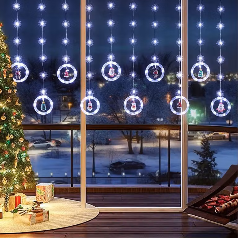 Tenda luminosa natalizia, 3 metri, 120 LED, a forma di fiocchi di neve, luce bianca fredda, alimentazione USB