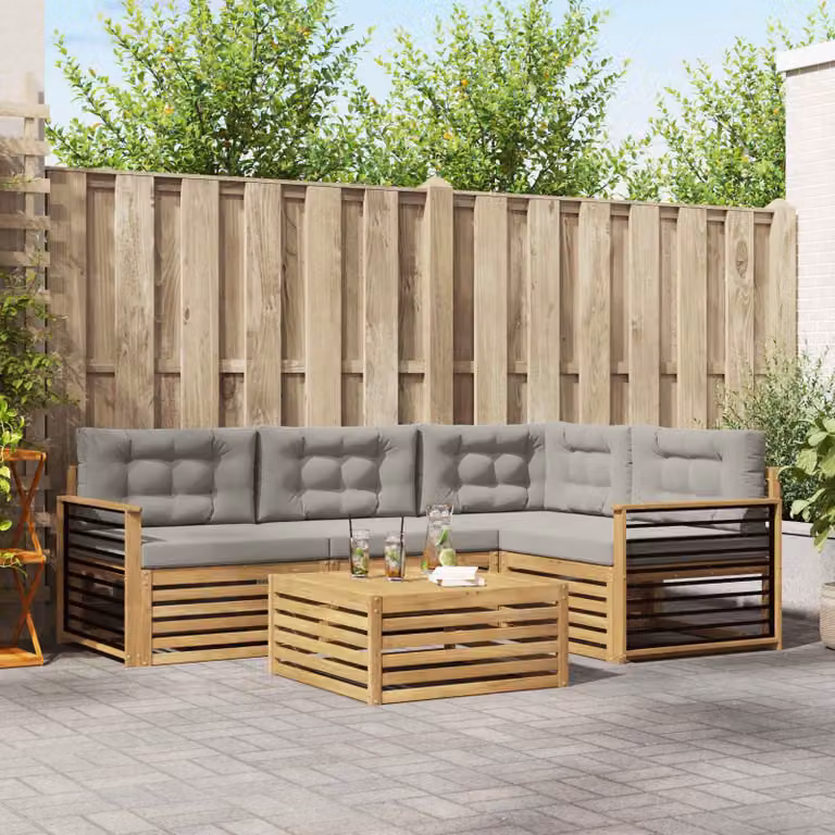 Set di divani da esterno vidaXL 6 pz a forma di L con tavolo da caffè, struttura in legno di acacia e cuscini inclusi, Bianco e Grigio