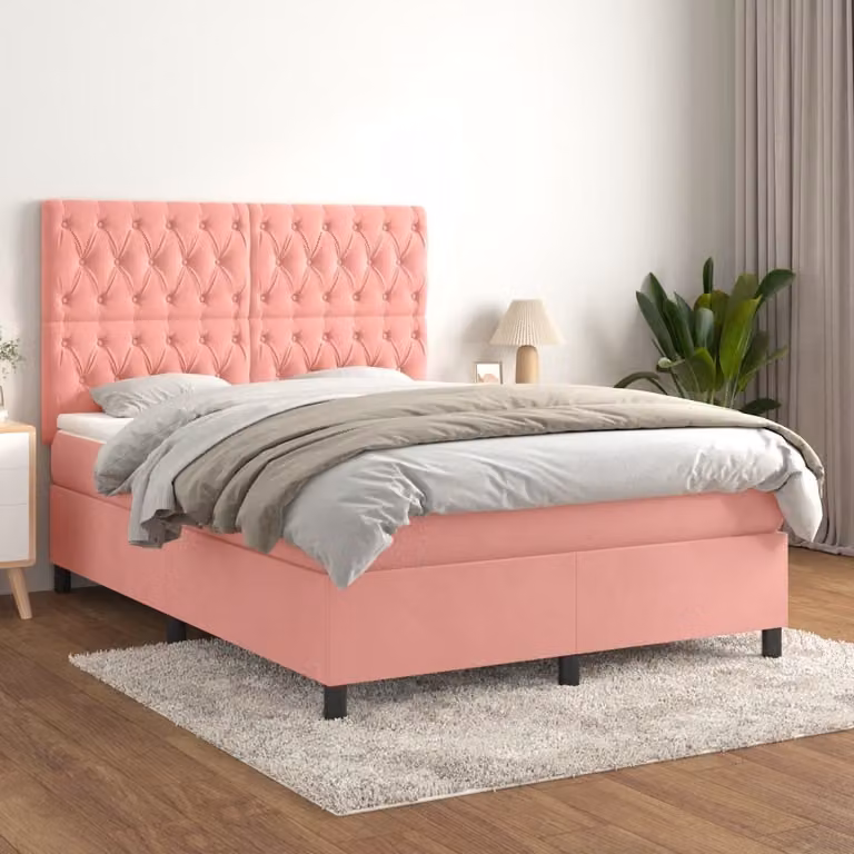 The Living Store Letto a molle con materasso Rosa 140x200 cm Velluto