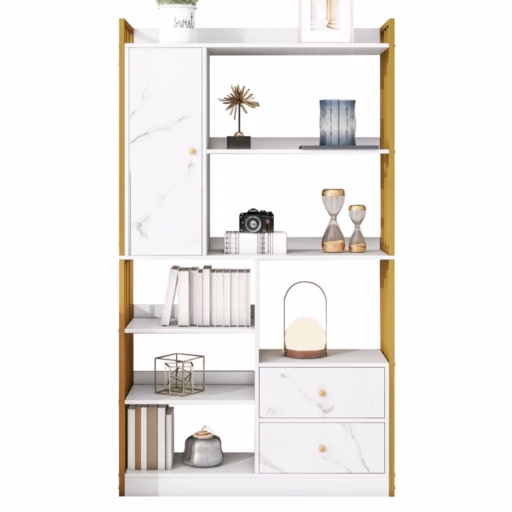 Libreria Minimal con 6 ripiani, ante e cassetti in stile industriale, finitura metallo bianco marmorizzato e cornice oro, L: 173.5 cm, P: 35.3 cm, H: 30.0 cm – 2