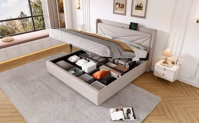 Letto contenitore imbottito con testiera a USB/Tipo-C, doghe in legno, lino beige, 140x200 cm, senza materasso