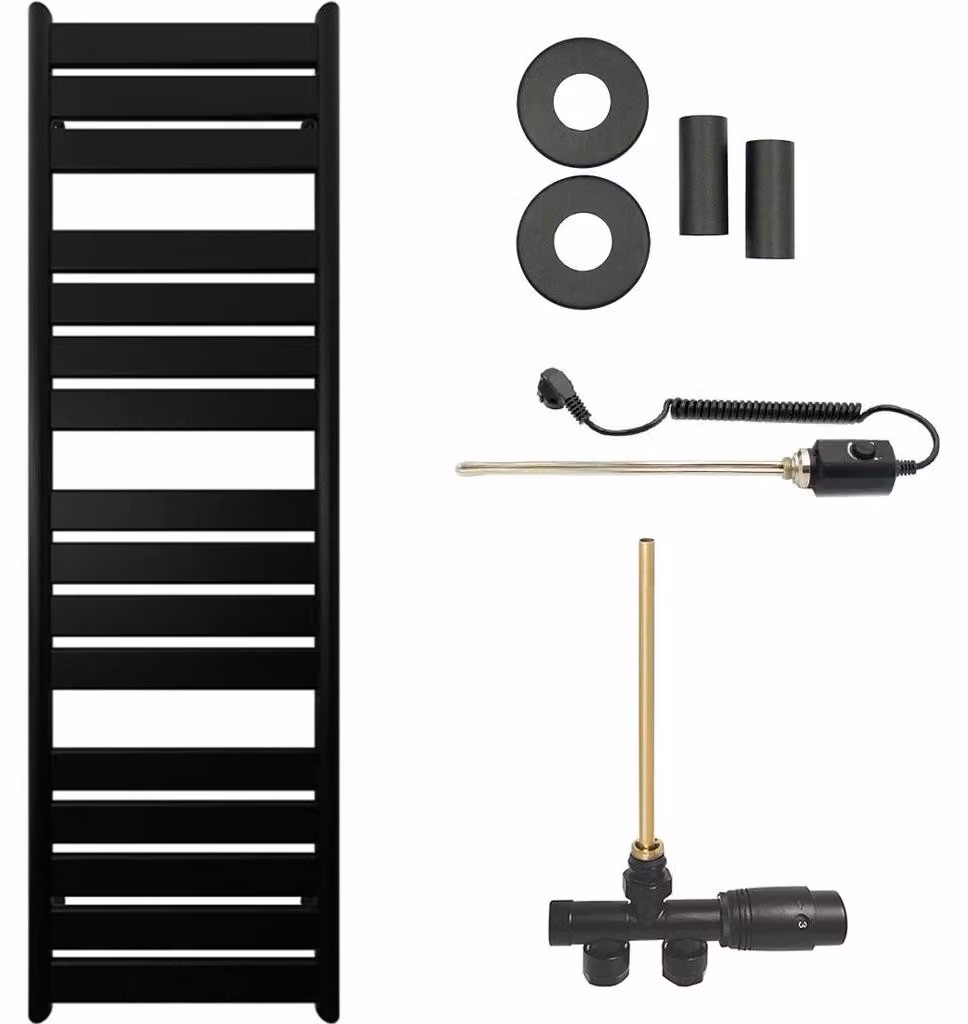 CERANO - Set radiatore da bagno Arturo - riscaldamento combinato, barra termica - attacco laterale a punto singolo - 859 W - nero opaco - 1600 x 500 mm