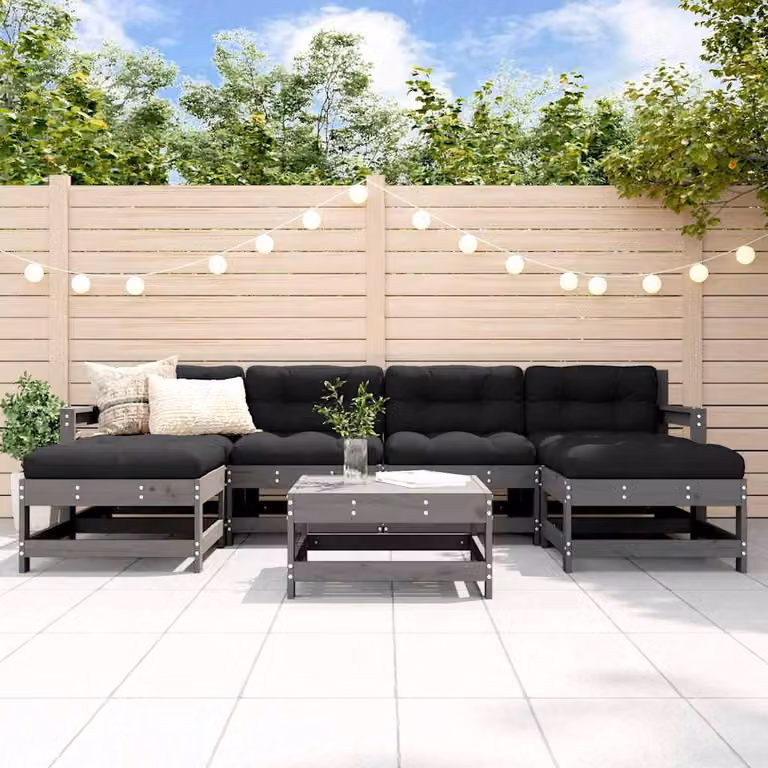 Set Divani da Giardino vidaXL 7 Pezzi in Legno Massello di Pino con Cuscini Imbottiti Grigio e Nero