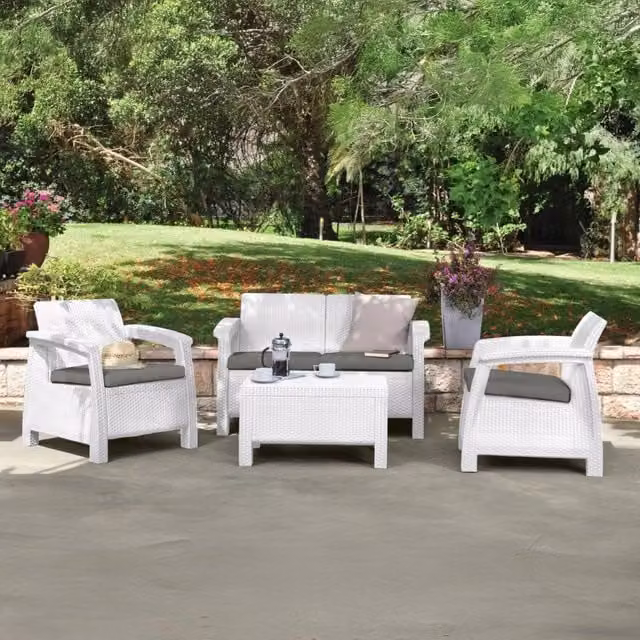 Set salotto da esterno Nelson, Salottino outdoor, Set da balcone o giardino, Composizione soggiorno per esterni, 128x70 h79 cm, Bianco