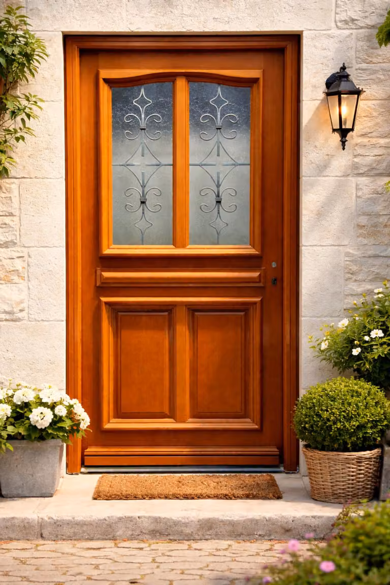 Porta d'ingresso in legno con vetrata Vauban, H.215xL.80 cm lato tavolo P. sinistra, maniglia, cilindro GD MENUISERIES
