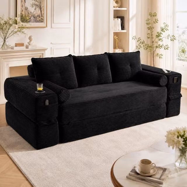 Divano letto moderno REDOM in tessuto a coste nero con funzione letto e portabicchieri L: 232 cm, P: 98 cm, H: 80 cm
