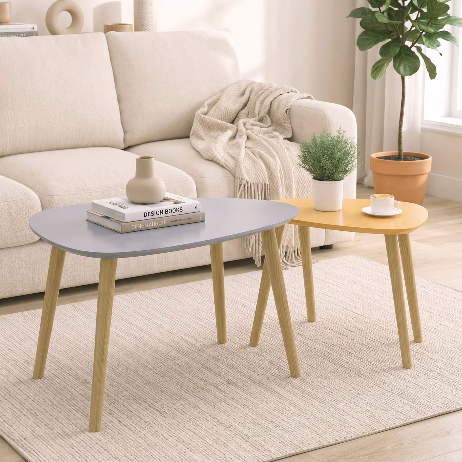 Set di 2 tavolini annidabili HOMCOM in stile scandinavo con piano ovale in legno, colori grigio e giallo – 2