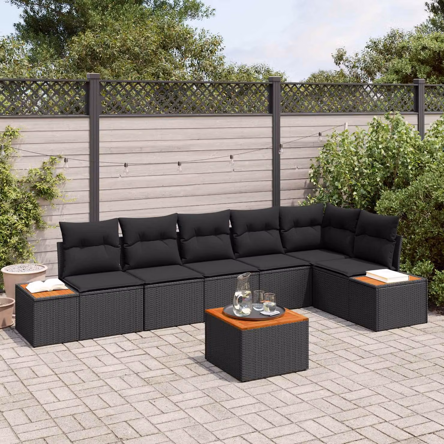 Set Divano da Giardino a L vidaXL 6 Posti Nero con Cuscini e Tavolino da Esterno – 1