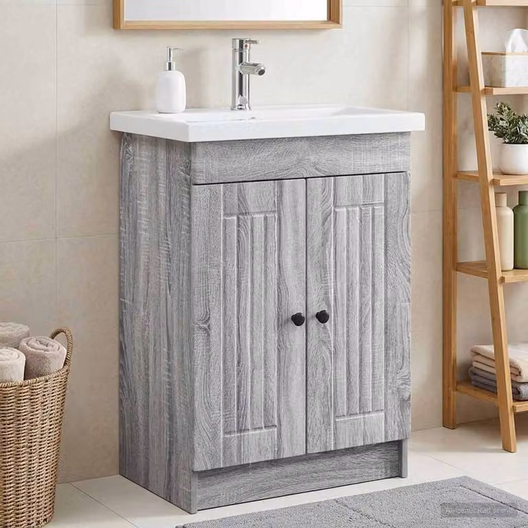 Mobiletto da bagno sotto il lavello vidaXL moderno in stile Sonoma grigio e nero con ante a battente e ripiani interni L/P/H: 81,0 x 37,5 x 21,96 cm