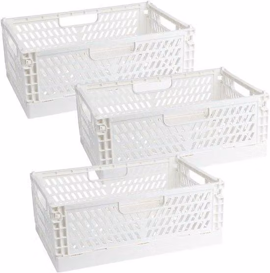 Ibenzoa® Contenitore pieghevole in plastica – impilabile, salvaspazio, set da 3, bianco, 30 x 20 x 12 cm, ideale per casa, ufficio e garage