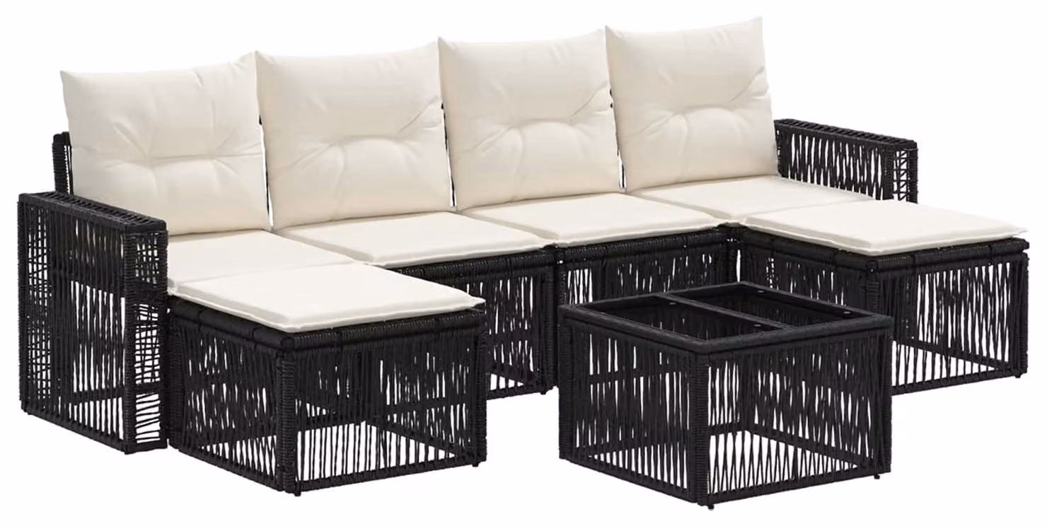 Set Divano da Giardino 7 pcs Nero e Bianco Crema polyrattan