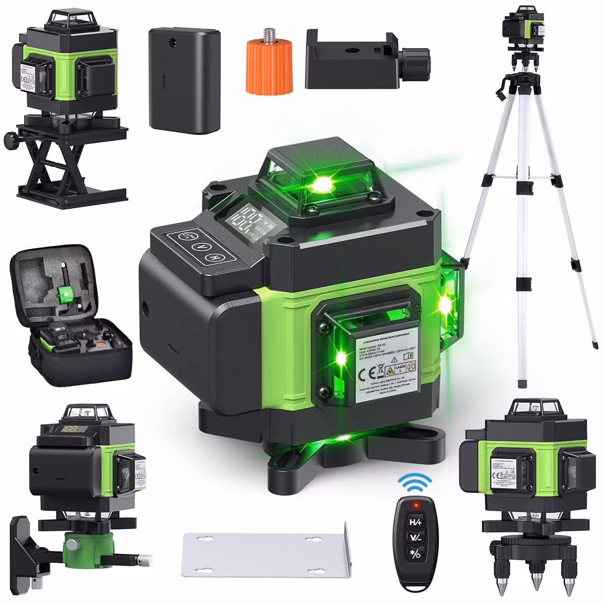Livella laser a raggio verde con 4 linee a 360° - Portata di 20 metri - Include treppiede