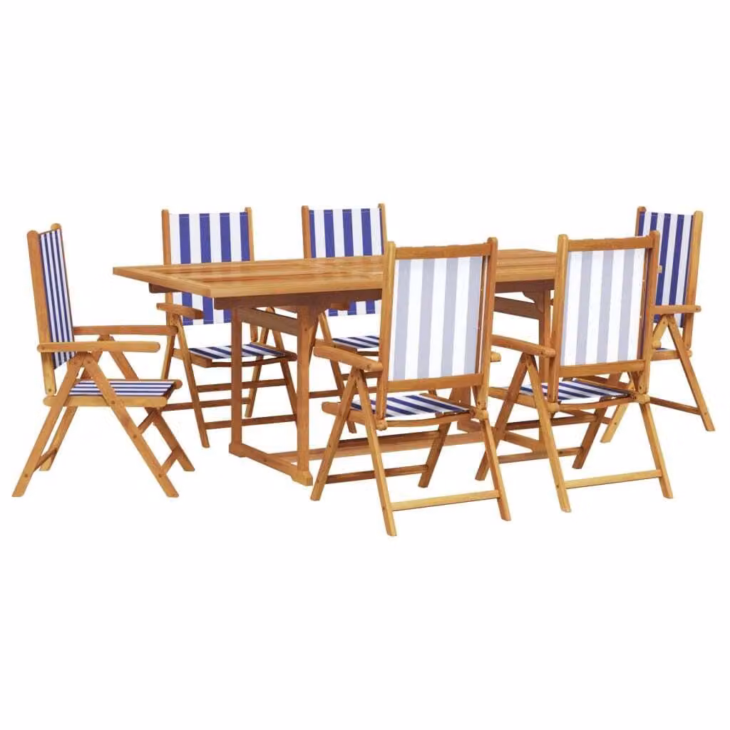 Set Pranzo Giardino 7pz Blu e Bianco Tessuto e Legno Massello