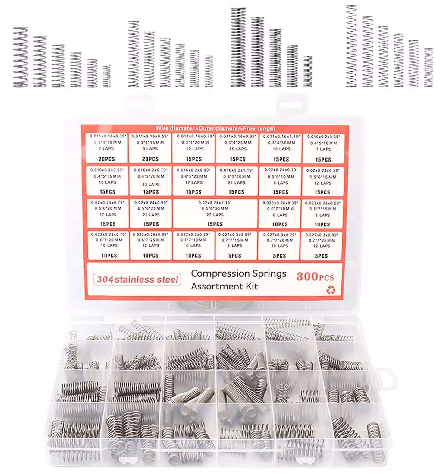 Assortimento di molle a compressione, 300 pezzi, 23 dimensioni, acciaio inossidabile, confezione