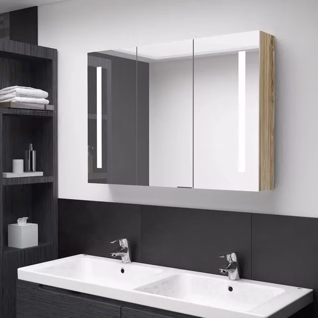 Armadietto da bagno con specchio e illuminazione LED vidaXL, colore marrone, L: 89 cm, P: 14 cm, H: 62 cm – 1