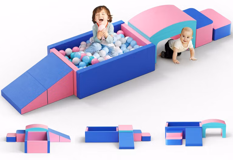 Set di 9 elementi per giochi di arrampicata per bambini piccoli – Blocchi da costruzione con palla – Area giochi indoor – Per gattonare, arrampicarsi e scivolare – Realizzato in legno – Colore giallo