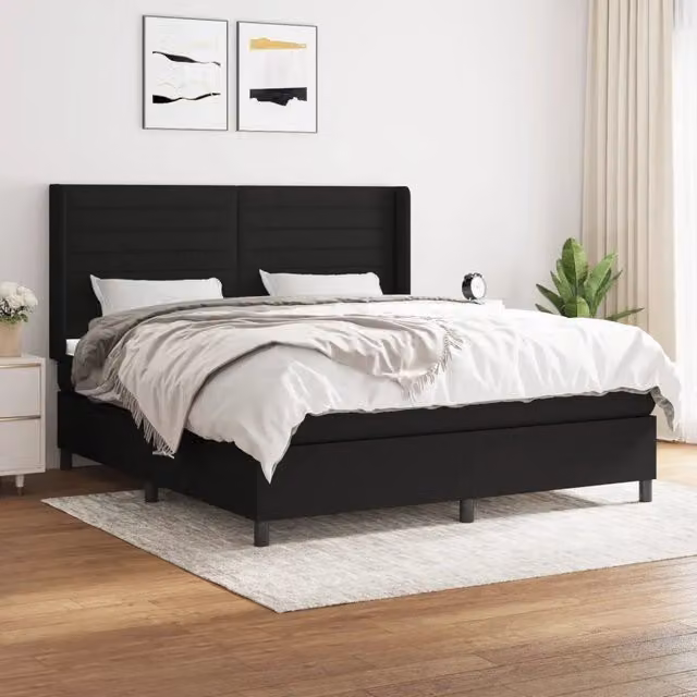 Letto Ibrido vidaXL con Giroletto a Molle e Materasso in Tessuto Nero e Bianco L/P/H: 180 x 200 x 128 cm