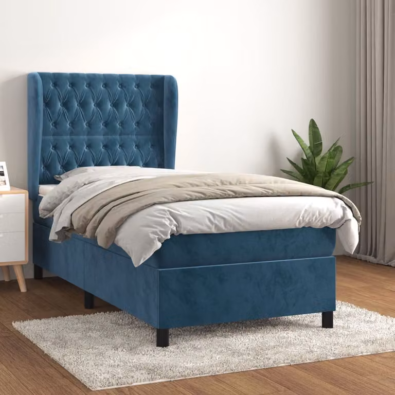 The Living Store Letto a molle con materasso blu scuro 100x200 cm in velluto
