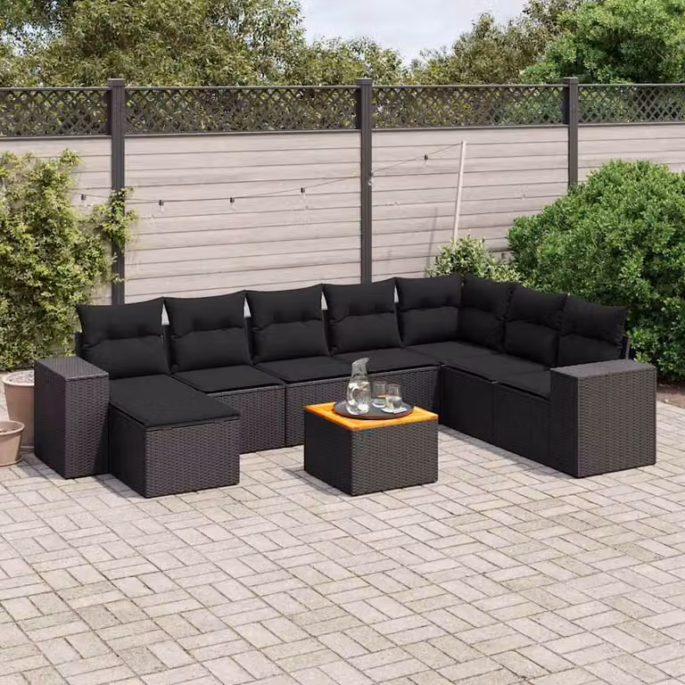 vidaXL Set Divani da Giardino 9 pz in Polyrattan Nero con Cuscini e Tavolino da Esterno