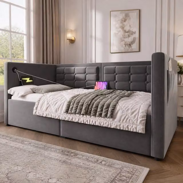 Divano letto 90x200 cm con contenitore idraulico, USB e USB-C in velluto grigio