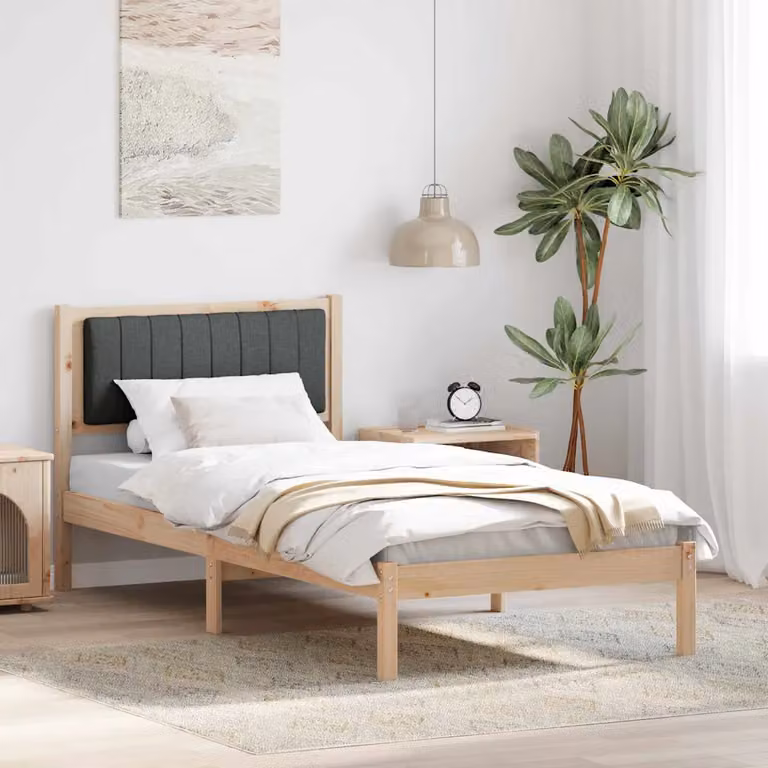 Letto moderno vidaXL con testiera rivestita in tessuto e struttura in legno di pino, Grigio e Marrone, L/P/H: 90 x 200 x 95,5 cm