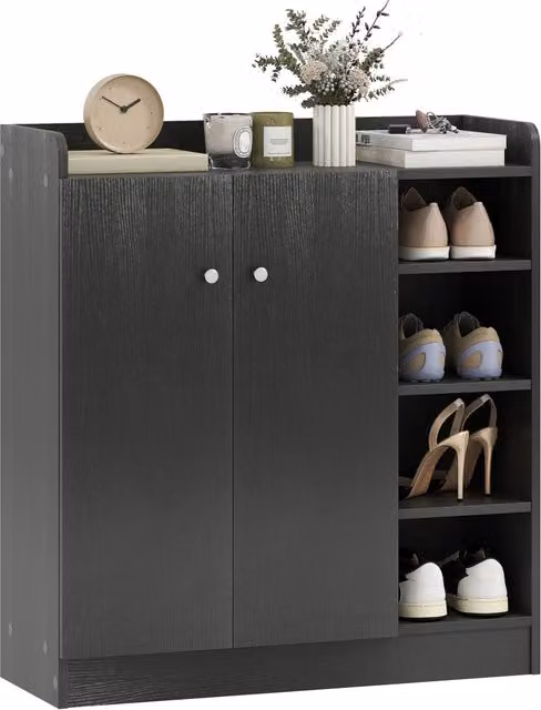 Scarpiera XYLO con ante e ripiani aperti in legno nero, L: 83 cm, P: 30 cm, H: 90 cm – 1