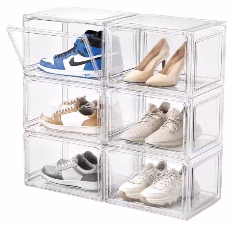 Contenitori magnetici per la conservazione delle scarpe, design impilabile, materiale plastico, dimensioni 31 cm x 20 cm x 11 cm, capacità per una coppia di scarpe, facile da assemblare