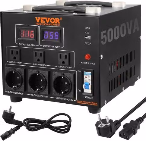 Convertitore di Tensione VEVOR Step Up/Down Portatile 5000VA, Trasformatore 110V-220V/220V-110V con 6 Spine e USB 5V, Nero, L/P/H: 27 x 24 x 21,5 cm