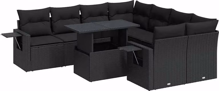Set Divani da Giardino 9 pz con Cuscini Nero in Polyrattan