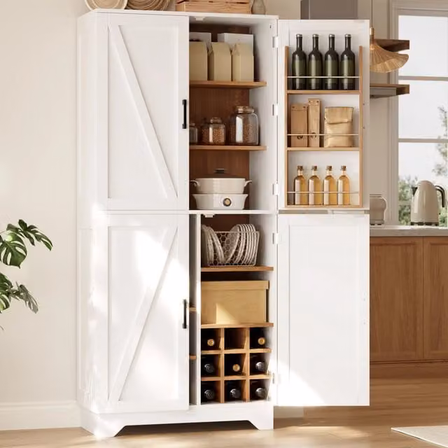 Armadio dispensa alto bianco con 4 ante, portabottiglie e ripiani interni, L 80 cm, P 40 cm, H 180 cm