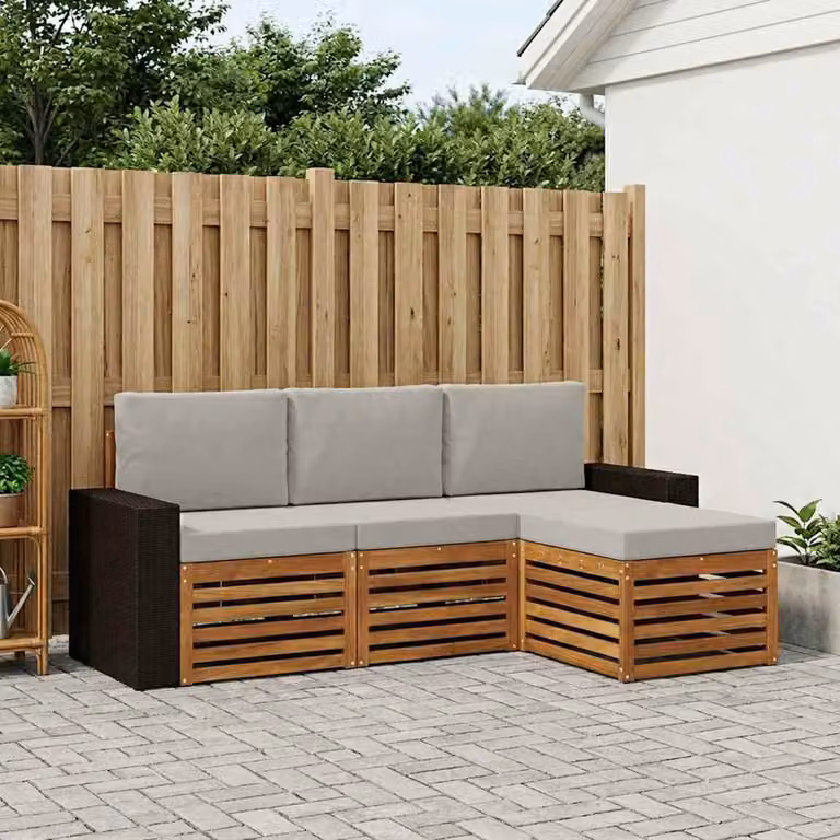 Set di divani da esterno vidaXL a forma di L in legno di acacia con pouf e cuscini, Beige e Grigio