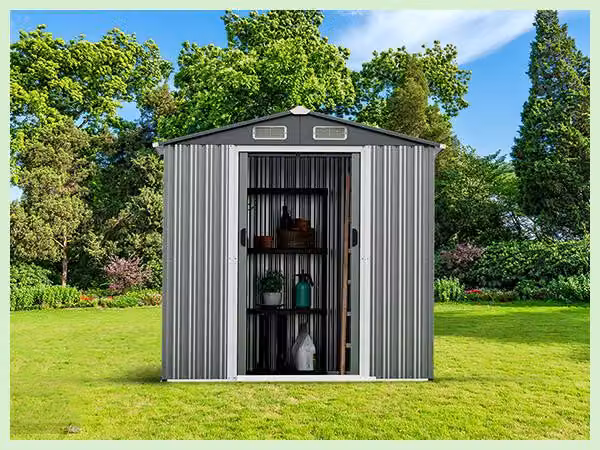 Casetta da giardino in metallo COSTWAY 182x129x196cm, casetta per attrezzi da 3,68m³ con prese d'aria, porte scorrevoli con serratura&guanti, acciaio zincato, grigio