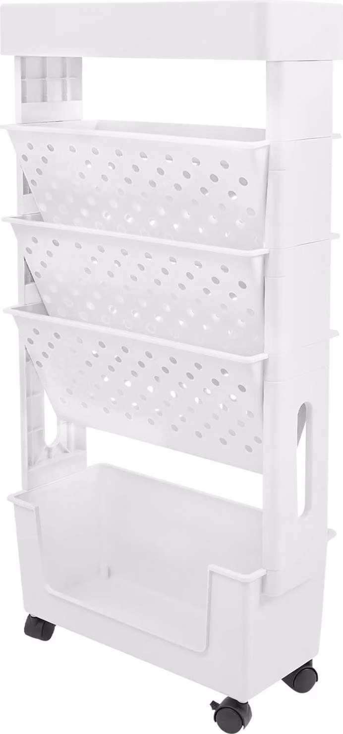 Carrello portaoggetti - Carrello a 5 ripiani - Design sottile - 4 ruote - 2 freni - Plastica ABS - Per la casa e l'ufficio - Bianco
